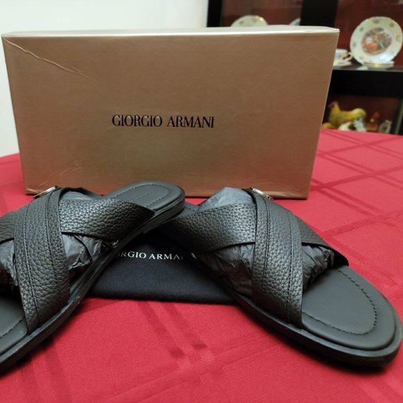 Auth GIORGIO ARMANI Midnight Black Leather Slides main image 8